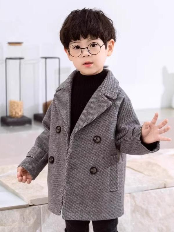 コート 男の子 キッズ メルトン ウール ポリエステル 厚手 ダブルボタン ブリティッシュ ジャケット ロング丈 防寒 おしゃれ カジュアル 秋冬 ダークグレー カーキ