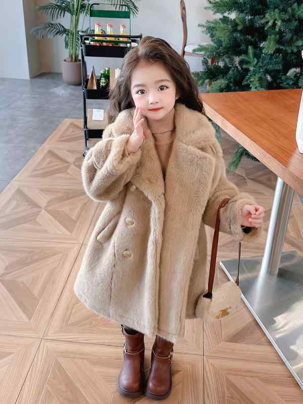 コート 女の子 キッズ ミドル丈 セミロング丈 襟付き ミンク風 フェイクファー もこもこ 裏ボア ダブルボタン 厚手 暖かい 防寒 コットン おしゃれ かわいい 韓国風 秋冬