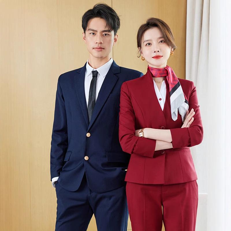 スーツ 男女兼用 メンズ 男性用 レディース 女性用 ビジネス フォーマル セットアップ 紺色 ネイビー ジャケット パンツ オールシーズン 通勤 オフィス 制服 ポリエステル レーヨン サージ