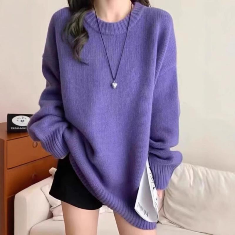 ニット レディース 女性用 クルーネック プルオーバー セーター 秋冬 ウール カシミヤブレンド 厚手 ゆったり ルーズフィット ミドル丈 長袖 リブ編み カジュアル オフィス 通勤 リラックス感 暖か 上品 高級感｜あじゅり
