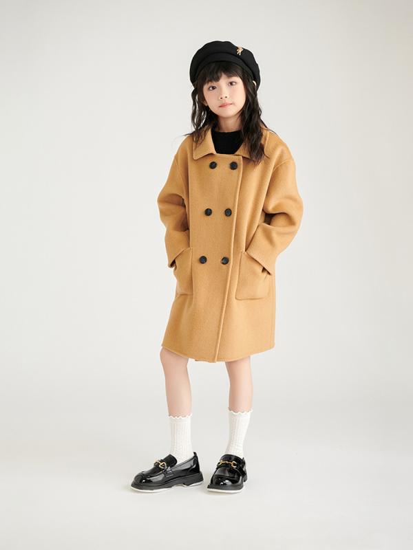 キッズ コート 男の子 女の子 ベビー ジュニア 親子 ウール100% 秋冬 厚手 防寒 ダブルボタン テーラードカラー ミドル丈 無地 フードなし ダブルフェイス 韓国風 イエローキャメル ベージュ ブラック