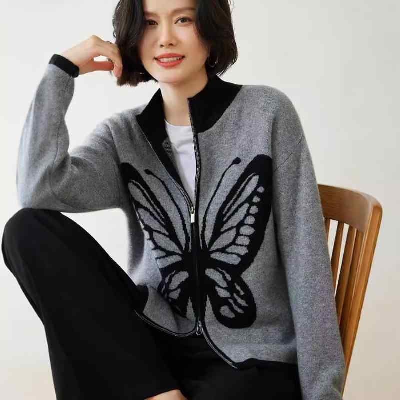 ニット レディース スタンドカラー ジップアップ カーディガン 秋冬 カシミヤ混 切り替え 蝶柄 ジャガード織り ストレートシルエット 厚手 シンプル おしゃれ 通勤 オートミール ベージュ グレー アウター