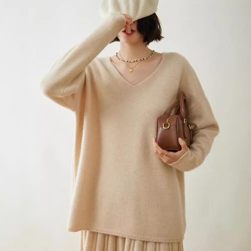 ニット レディース 女性用 秋冬 厚手 Vネック プルオーバー 精紡 カシミヤ ウール ゆったり リラックス 上品 エレガント 軽量 ソフト とろみ ストレートシルエット 通勤 オフィス カジュアル