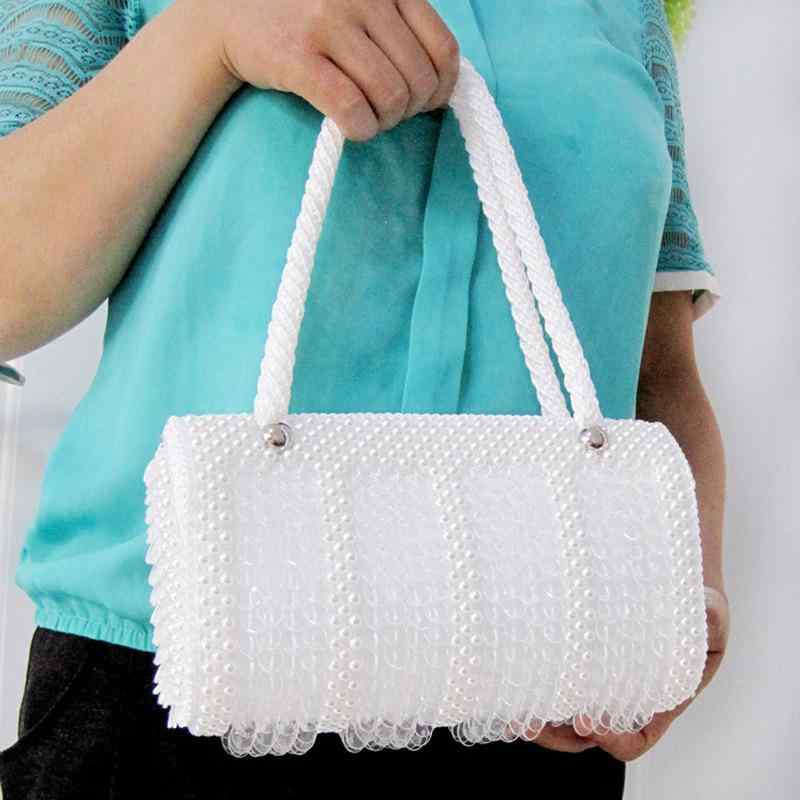 ハンドバッグ レディース 手作り ハンドメイド ビーズバッグ パールバッグ クリスタル 煌めく 編み込み 横型 手提げ 鞄 デイリーユース お出かけ フォーマル ブルー ピンク