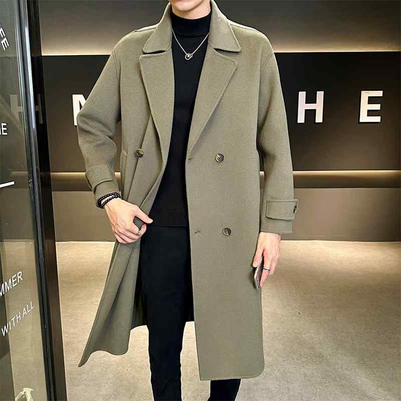 コート メンズ 男性用 羊毛 カシミヤ ダブルフェイス 韓国風 ブリティッシュスタイル 高級感 上質 ミドル丈 ロング丈 ダブルブレスト テーラードカラー スリムフィット 秋冬 アウター ブラック グレージュ｜あじゅり