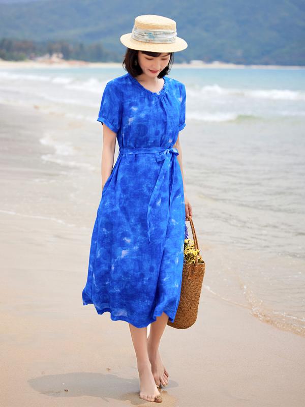 ワンピース レディース 春夏 ラミー 麻 ロング丈 Aライン 無地 プルオーバー ラウンドネック 半袖 ハイウエスト グラデーション レトロ 文芸 リゾート 旅行 クラインブルー