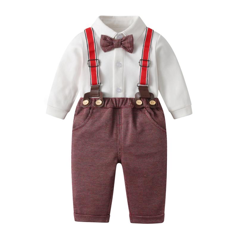 ベビー服 男の子 紳士風 フォーマルスーツ 2点セット 蝶ネクタイ シャツ サロペット 綿素材 春秋 1歳誕生日 ハーフバースデー お食い初め 百日祝い 結婚式 発表会 記念撮影