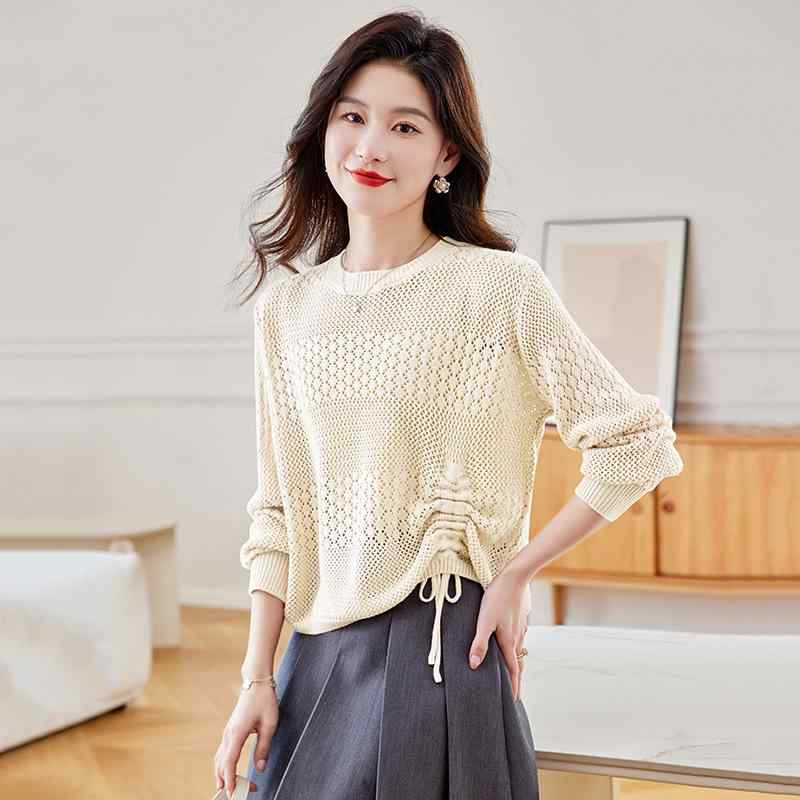 ニット レディース 春夏 ショート丈 薄手 透かし編み セーター ゆったり オーバーサイズ ラウンドネック 長袖 プルオーバー ポリエステル アクリル カジュアル 通勤 オフィス