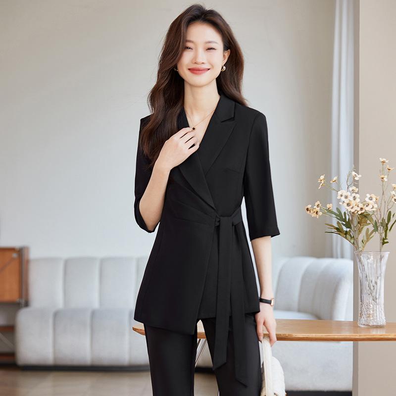 ビジネススーツ セットアップ レディース 七分袖 春夏 ホテル受付 美容師 宝飾店 制服 事務服 接客 ユニフォーム ポリエステル素材 ブラック ホワイト ライトイエロー