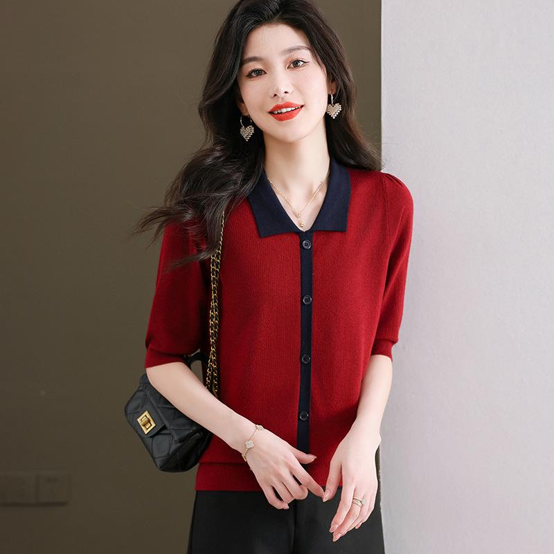 ニット レディース ミセス 女性用 春夏 薄手 七分袖 プルオーバー ゆったり ルーズフィット ショート丈 襟付き 切り替えデザイン 立体装飾 ポリエステル レーヨン インナー 重ね着 通勤 オフィス カジュアル トップス