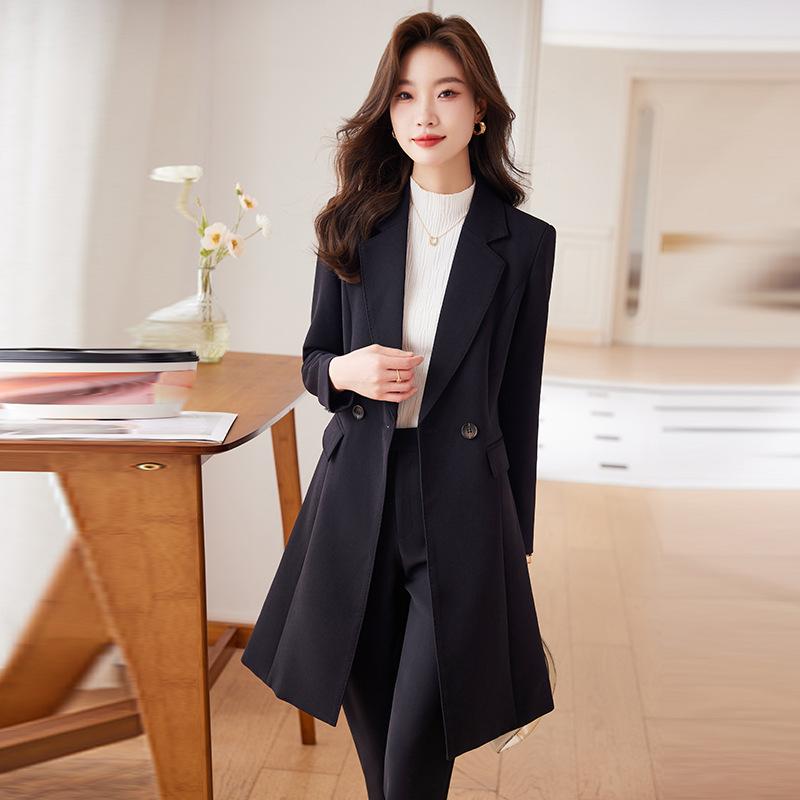 テーラードトレンチコート レディース 女性用 ダブルブレスト ロング丈 ポリエステル 高級感 春秋 通勤 オフィス ビジネス フォーマル 大きいサイズ ビッグサイズ ネイビー 紺