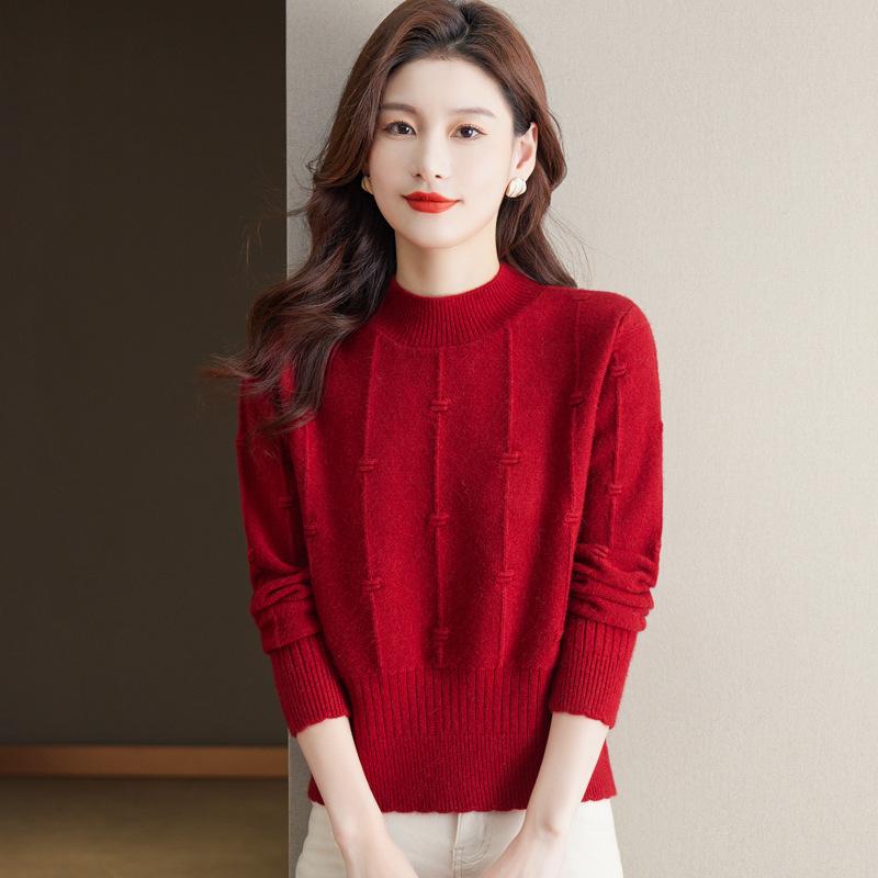 ニット レディース 女性用 ショート丈 ハイウエスト ハーフネック 長袖 プルオーバー トップス 秋冬 ウール混紡 ゆったり きれいめ 上品 オフィス 通勤 デイリーユース 重ね着 セーター 切り替え