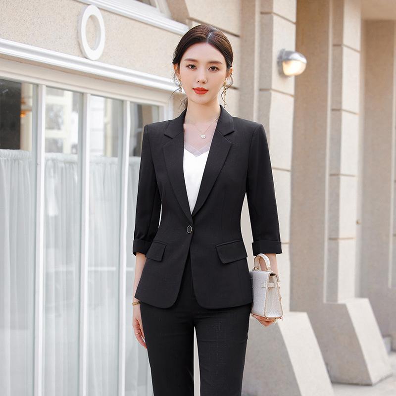 セットアップ レディース 女性用 ビジネス オフィス 通勤 仕事 フォーマル 面接 リクルート ジャケット ブレザー 七分袖 上品 エレガント 春秋 ポリエステル ストレッチ 黒 白 青 ピンク 4,236円