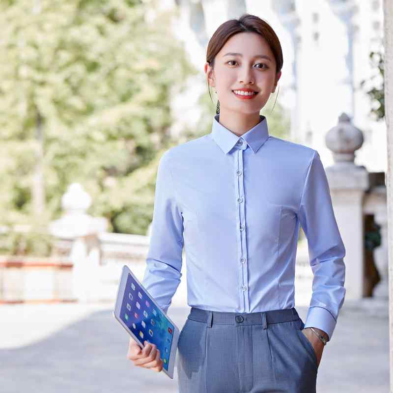 ブラウス レディース 水色 長袖 半袖 スリムフィット 上品 エレガント オフィス ビジネス 通勤 制服 春夏秋 ポリエステル 綿 スカート パンツ セットアップ