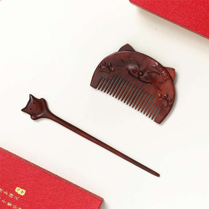 櫛 紫檀 紅木 天然木 かわいい 猫 キャラクター ヘアケア マッサージコーム 頭皮ケア 親友 カップル ペア プレゼント ギフト