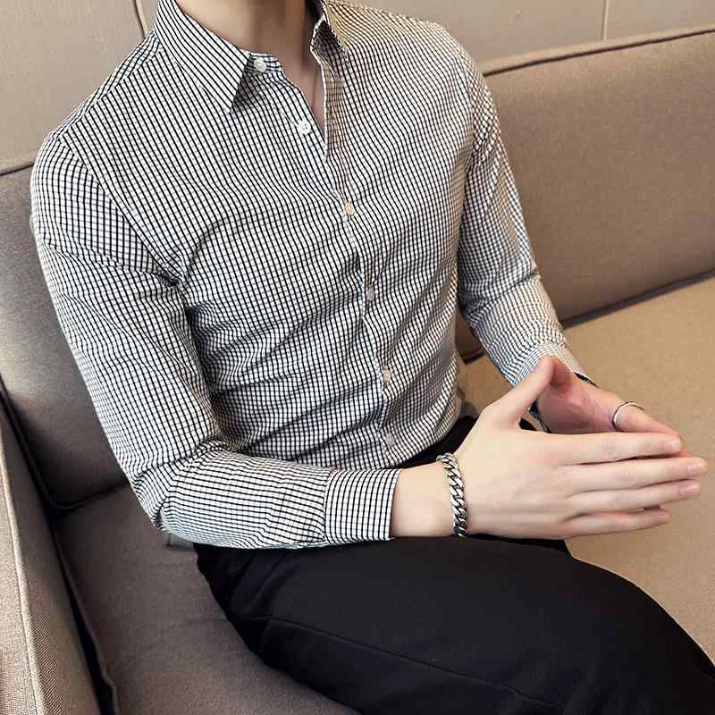 春夏 シャツ メンズ 小格子 長袖 薄手 カジュアル きれいめ 着回し トレンド UVカット 普段使い デイリーユース 通勤 綿混紡 スリムフィット 襟付き 韓国ファッション