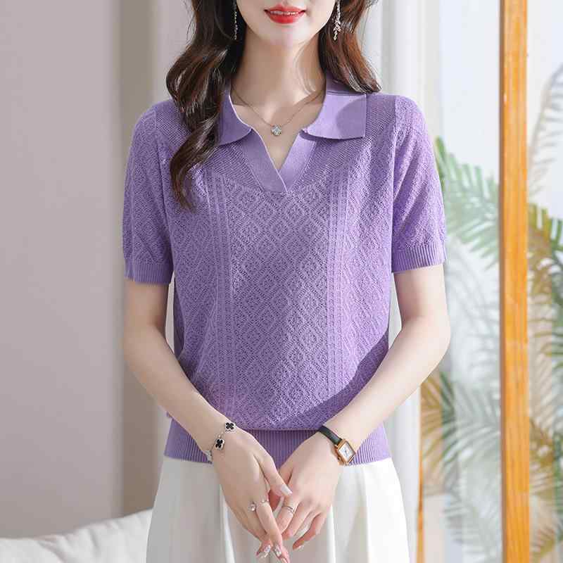 ニットTシャツ レディース 接触冷感 半袖 襟付き ポロ襟 薄手 プルオーバー ママ 母用 レーヨン ポリエステル素材 マルチカラー トップス 上品 通勤 オフィス エレガント 春夏