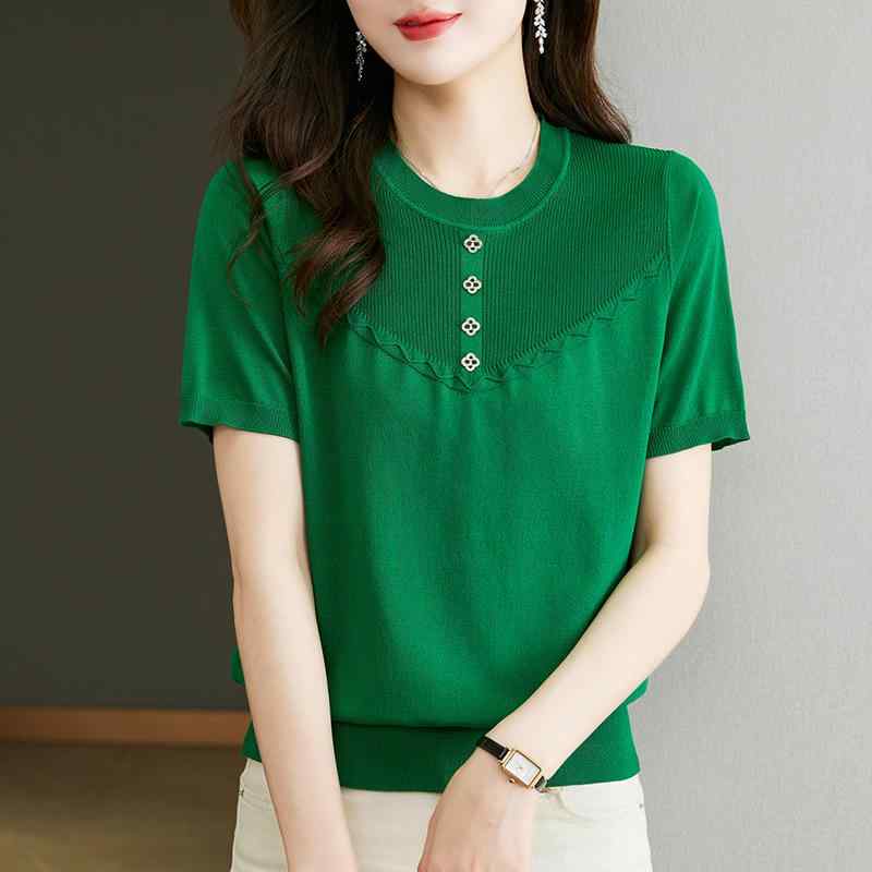 トップス レディース 女性用 ラウンドネック Tシャツ カットソー プルオーバー 接触冷感 サマーニット 半袖 3分袖 ショート丈 薄手 切り替え ママ ミセス 春夏 上品 カジュアル