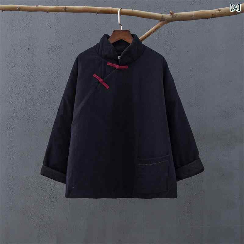 中綿ジャケット レディース 女性用 冬 コットンリネン 綿 麻 レトロ アンティーク風 文芸風 無地 プルオーバー ショート丈 ゆったり 飾りボタン チャイナボタン スタンドカラー 長袖 防寒 暖かい カジュアル アウター ブラック ワインレッド ネイビ