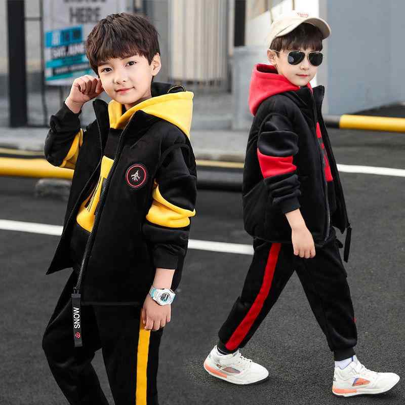 セットアップ 男の子 キッズ 秋冬 長袖 ロングスリーブ ロゴ 文字 黒 韓国風 3点セット フード付き パーカー プルオーバー スウェット パンツ 厚手 ポリエステル混紡 スポーツ カジュアル ストリート