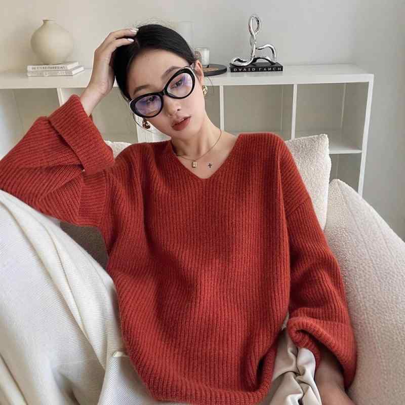 ニット レディース ウール 厚手 リブ Vネック ドロップショルダー 長袖 プルオーバー トップス ゆったり ルーズフィット リラックス 着痩せ効果 デイリーユース 重ね着 秋冬 レッド オートミール