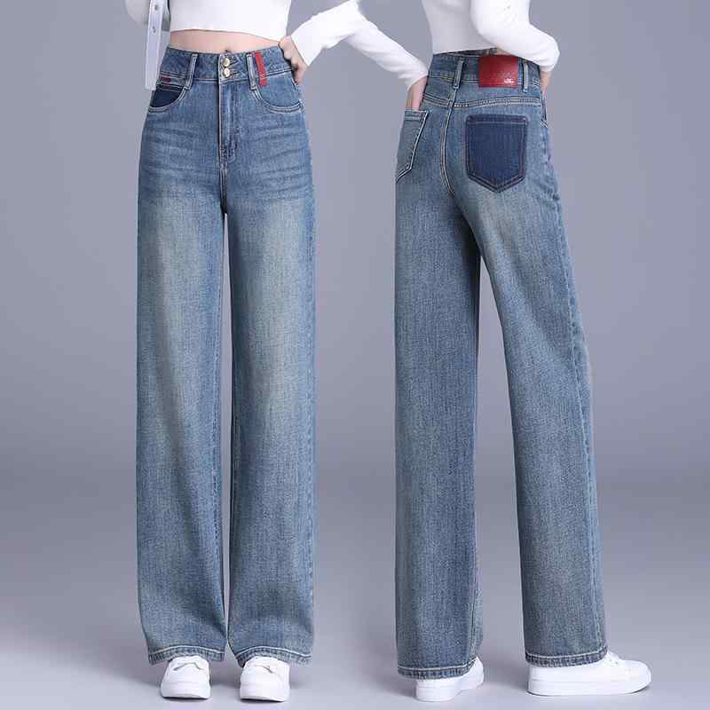 デニムパンツ レディース ハイウエスト ヴィンテージ レトロ ワイドストレートパンツ 春夏 ドレープ感 小柄女性向け 着回し万能 カジュアル ブルー 綿|あじゅり