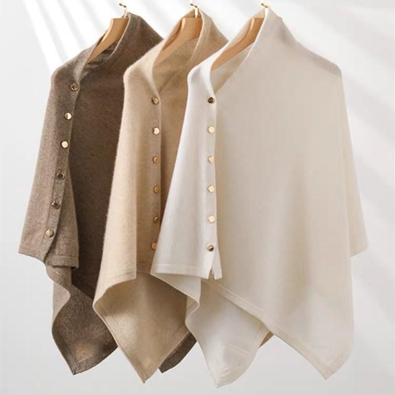 ショール レディース 秋冬 35%カシミヤ 65%ウール 厚手 保温 防寒 大判 肩掛け ストール マフラー ゴールドボタン シンプル おしゃれ 高級感 通勤 オフィス 普段使い ホワイト ブルー パープル系