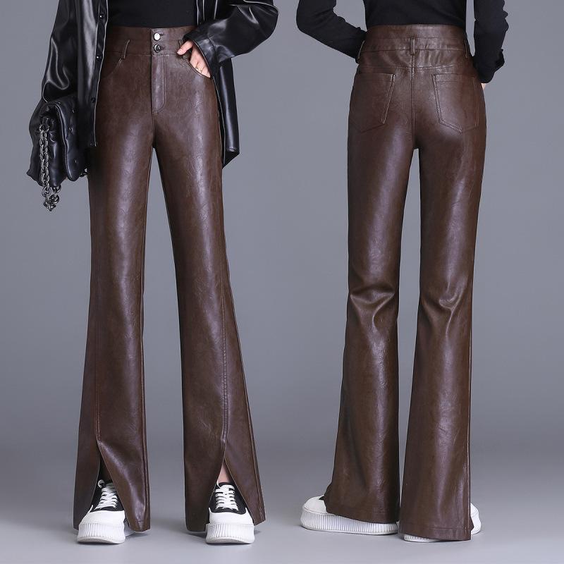 パンツ レディース 羊革 レザー ブーツカット スリムフィット ハイウエスト スリット ロング丈 秋冬 普段使い 通勤 オフィス 上品 ブラック カーキ ブラウン
