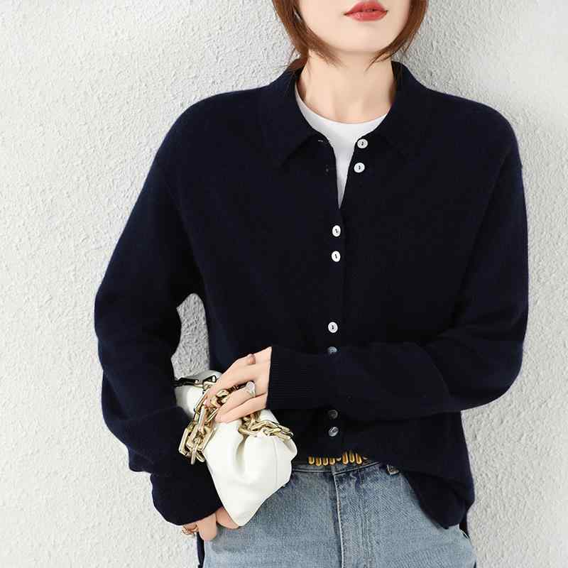 カーディガン レディース ポロ襟 カシミヤ 上品 高級感 シャツ風 長袖 前開き オフィス 通勤 トップス 秋冬 ネイビー グレー キャメル オフホワイト｜あじゅり