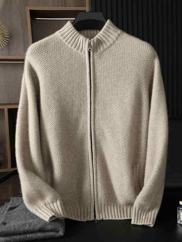 カーディガン メンズ 男性用 100%カシミヤ 山羊絨 厚手 ハーフジップ スタンドカラー ジップアップ ニット セーター ゆったり カジュアル シンプル 普段使い 日常 秋冬 ダークネイビー キャメル|あじゅり