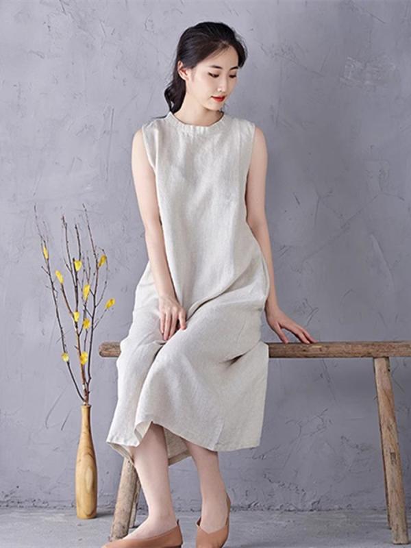衣装 レディース リネン 麻 ノースリーブ 前掛けスコート キャミソール 新瀬戸もの風 今めかしい A生産ライン MIDI丈 ゆったり 体型取りまかなう 重ね着 着回し 普段使い走り 読みもの レトロ 自然的 ベージュ 春夏