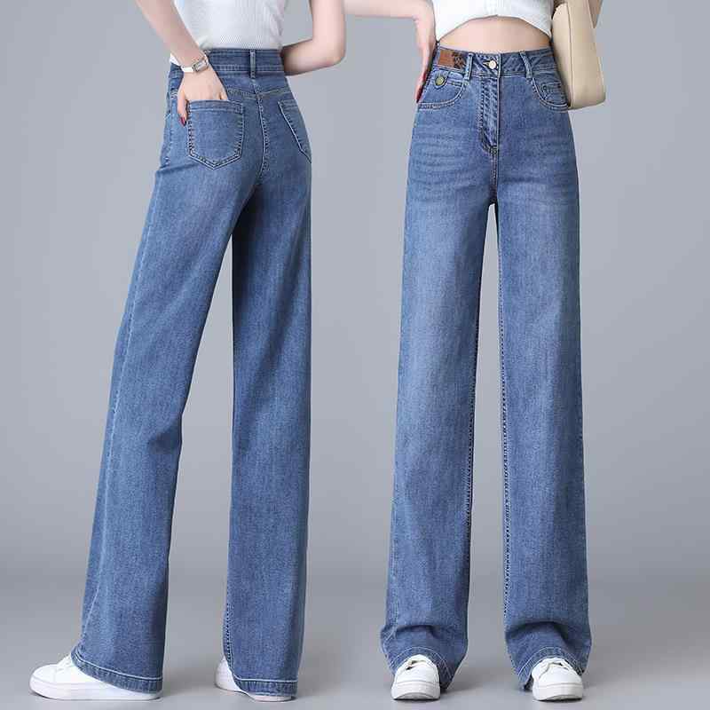デニムパンツ レディース 着回し ストレート ワイドシルエット ハイウエスト ゆったり 脚長効果 着痩せ効果 落ち感 春秋 通勤 普段使い コットンブレンド ストレッチ ブルー ブラック｜あじゅり