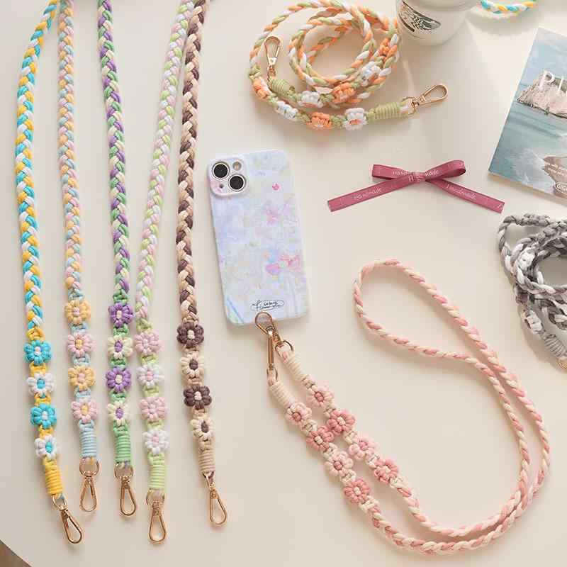 スマホショルダー レディース ボヘミアン 編み込み デイジー 花柄 マルチカラー 携帯ストラップ 斜め掛け 首掛け コットン カメラストラップ バッグストラップ