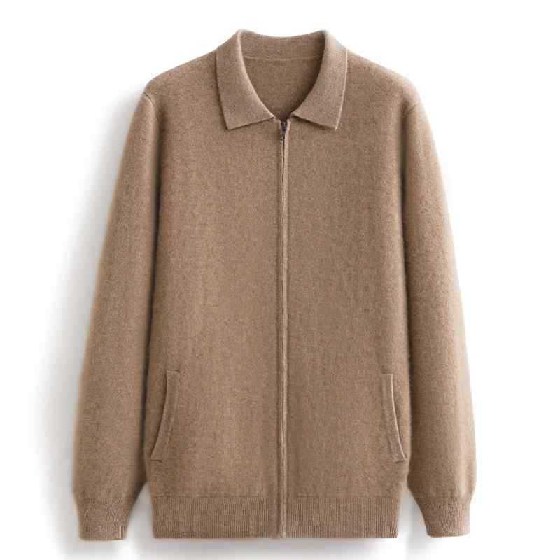 ニットカーディガン メンズ 秋冬 カシミヤ ジップアップ シャツ襟 長袖 無地 ソリッドカラー 厚手 防寒 暖かい 高級感 ゆったりシルエット 通勤 カジュアル 普段使い トップス｜あじゅり