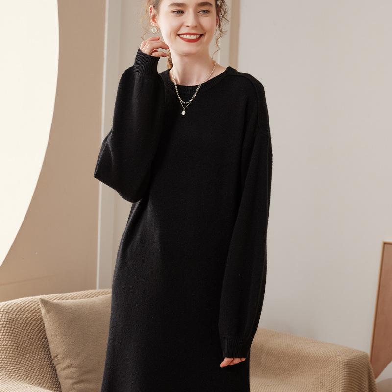 ニットワンピース レディース 秋冬 カシミヤ ラウンドネック 長袖 ミディ丈 ゆったり リラックス オーバーサイズ オフィス カジュアル 上品 きれいめ 暖かい 防寒