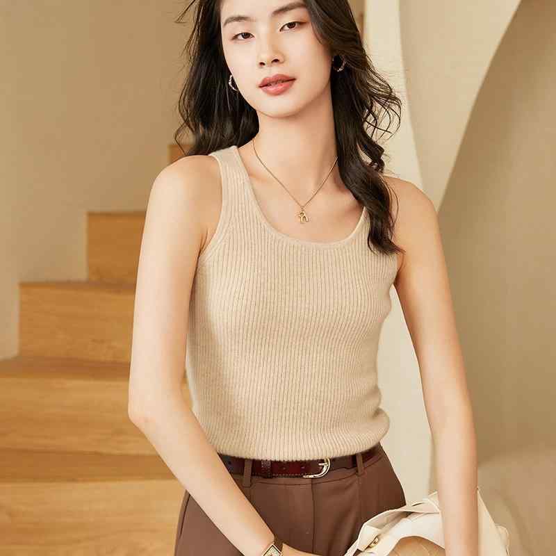 ニット レディース 女性用 カシミヤ ノースリーブ スリムフィット リブ編み タンクトップ ベスト 通勤 オフィス デイリー 着回し 上品 伸縮性 トップス ブラック ホワイト ベージュ ブラウン