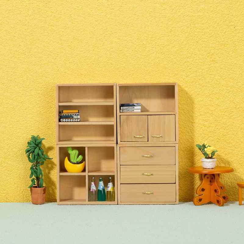 ドールハウス ミニチュア家具 白 組み合わせ キャビネット ディスプレイケース 1:12スケール DIY模型 白樺材 バーチウッド ナチュラルカラー アメリカンスタイル