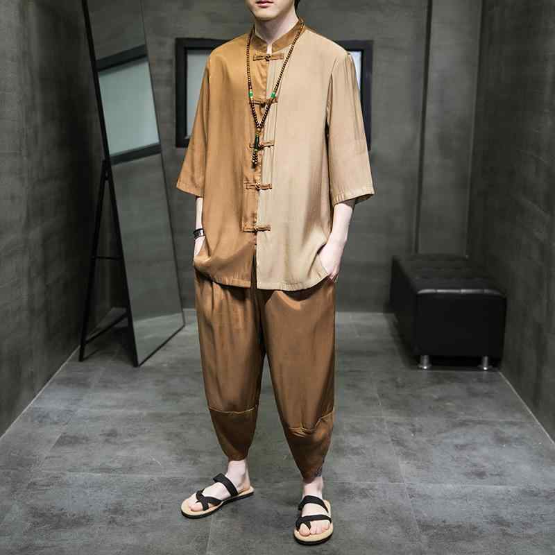 唐装 セットアップ 男性用 接触冷感 半袖 夏 薄手 漢服 道袍 茶服 古風 大きいサイズ ポリエステル素材 切り替えデザイン コーヒー色 グリーン