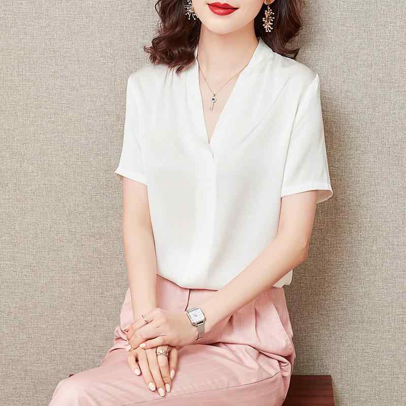 Tシャツ トップス 春夏 半袖 薄手 軽量 プルオーバー Vネック シルク 絹 95%以上 光沢感 上品 きれいめ 着回し 無地 カジュアル 普段使い インナー ホワイト 白