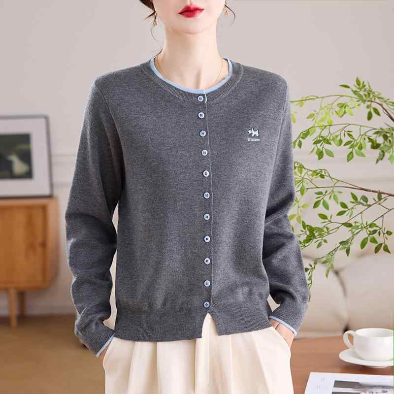 カーディガン レディース 羊毛混 ニット 配色 切り替え クルーネック 刺繍 パイピング 羽織り 春夏 カジュアル 着回し