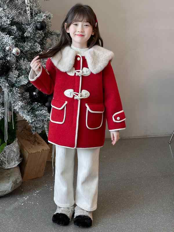 コート 女の子 キッズ ジュニア レッド 赤色 裏ボア 厚手 防寒 メルトン ウール混 ダッフルコート ファー襟 ミドル丈 お正月 新年 おしゃれ かわいい スウィート 冬