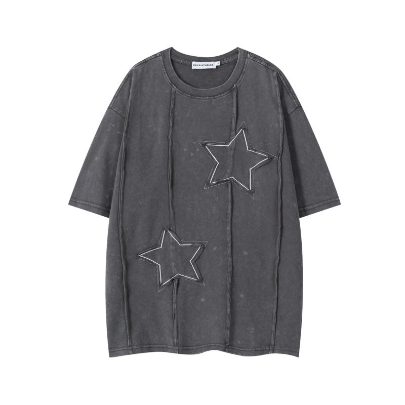 Tシャツ メンズ 男性用 アメリカンレトロ アメカジ 半袖 星 スターパッチ アップリケ刺繍 個性的 ゆったり ルーズフィット 綿 コットン カジュアル 普段使い カップル ペアルック お揃い 夏 サマー グレー プラムレッド