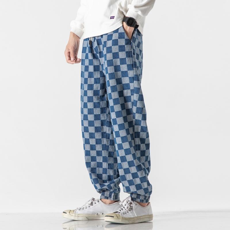 デニムパンツ 男性用 秋冬 綿 裏起毛 ウォッシュ加工 ルーズフィット ジョガーパンツ ハイストリート トレンド チェック柄 ライトブルー ヒップホップ ストリートダンス カジュアル 大きいサイズ