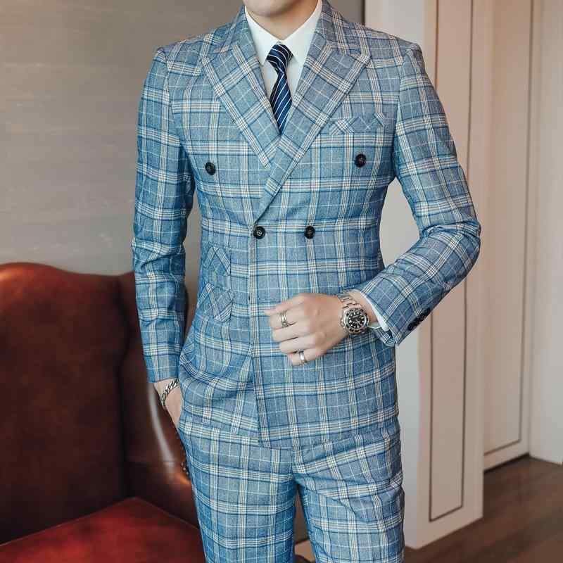 スーツ 男性用 スリーピース 英国風 ビジネス フォーマル カジュアル ダブルブレスト チェック柄 通勤 オフィス 結婚式 二次会 パーティー おしゃれ 混紡素材 スカイブルー オールシーズン｜あじゅり
