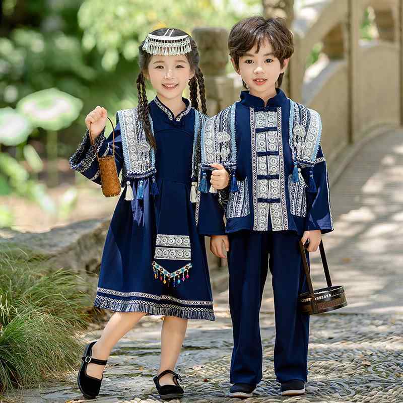 キッズ 男女兼用 男の子 女の子 発表会衣装 パフォーマンスウェア チワン族 ミャオ族 ヤオ族 少数民族衣装 中国風 中華風 綿 コットン 春秋