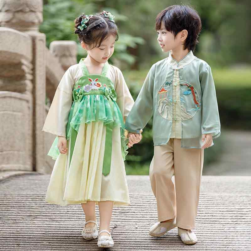 キッズ 男女兼用 唐装 漢服 中華服 中国風 民族衣装 綿 セットアップ 春秋 発表会 ステージ衣装 学園祭 演出服 コスチューム