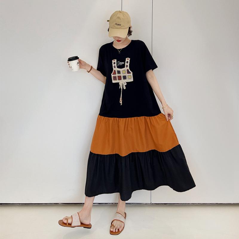 ワンピース レディース 大きいサイズ ゆったり ロング丈 ラウンドネック 半袖 ニット 配色切り替え ティアード エスニック リゾート風 プリント 普段使い カジュアル ストリート ブラック 春夏