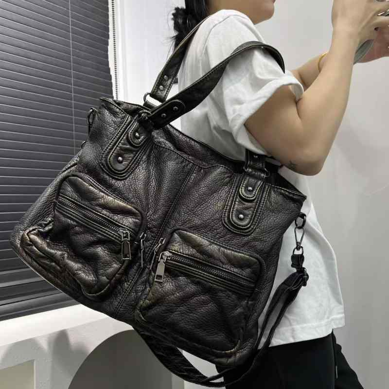 トートバッグ レディース 女性用 トレンド PUレザー ヴィンテージ ウォッシュド加工 大容量 多収納 ショルダーバッグ 肩掛け 日常使い デイリー キャメル ブラウン 横長 ソフト 鞄