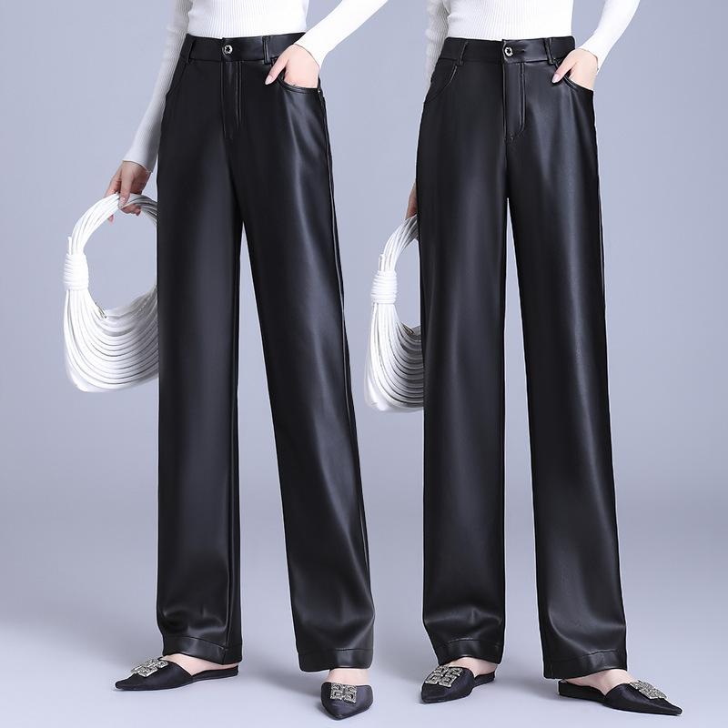 ロングパンツ レディース 羊革 高級感 ハイウエスト ストレート ワイドパンツ ドレープ感 デザイン カジュアル 通勤 ストレッチ ブラック 秋冬｜あじゅり
