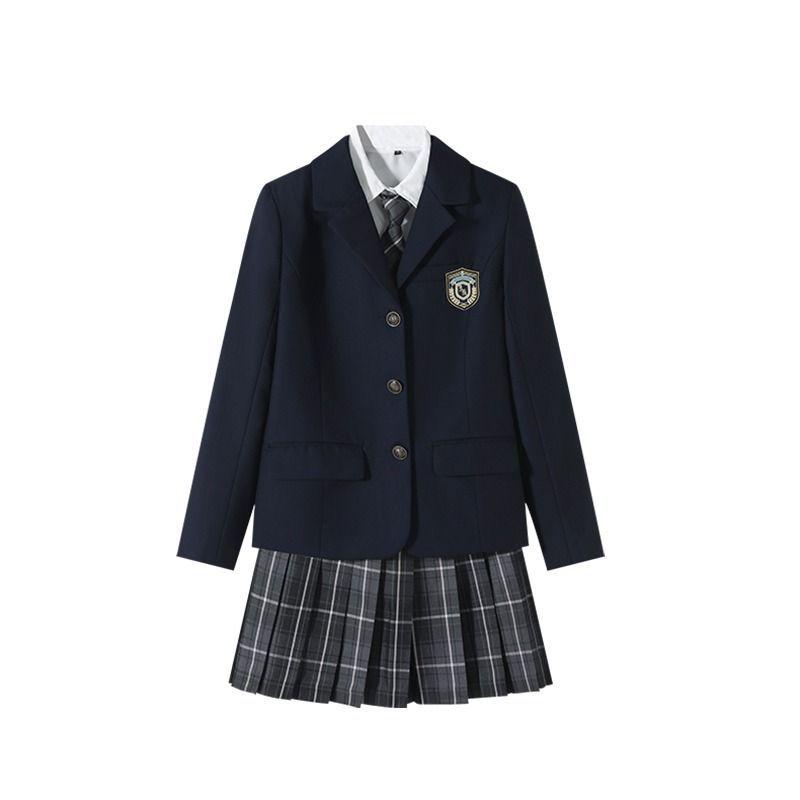 JK制服 レディース オリジナル 学院風 スクールガール 秋冬 ブレザー シャツ スカート スリーピース セットアップ 日韓カジュアル 紺色